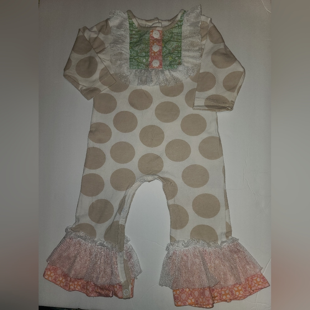 Tan polkadot and lace Ricrac ruffle romper